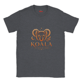 A dark heather gray t-shirt with a graphic of a koala face and the word 'KOALA' in orange, with 'MY TREE, MY HOME' underneath, on a plain white background.