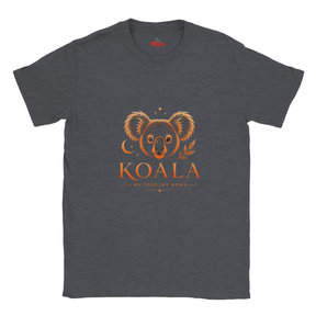 A dark heather gray t-shirt with a graphic of a koala face and the word 'KOALA' in orange, with 'MY TREE, MY HOME' underneath, on a plain white background.
