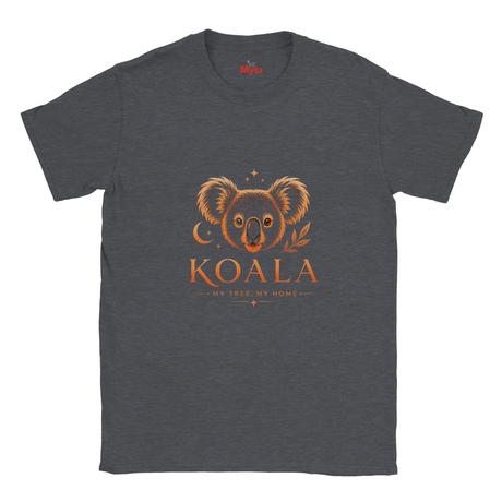 A dark heather gray t-shirt with a graphic of a koala face and the word 'KOALA' in orange, with 'MY TREE, MY HOME' underneath, on a plain white background.