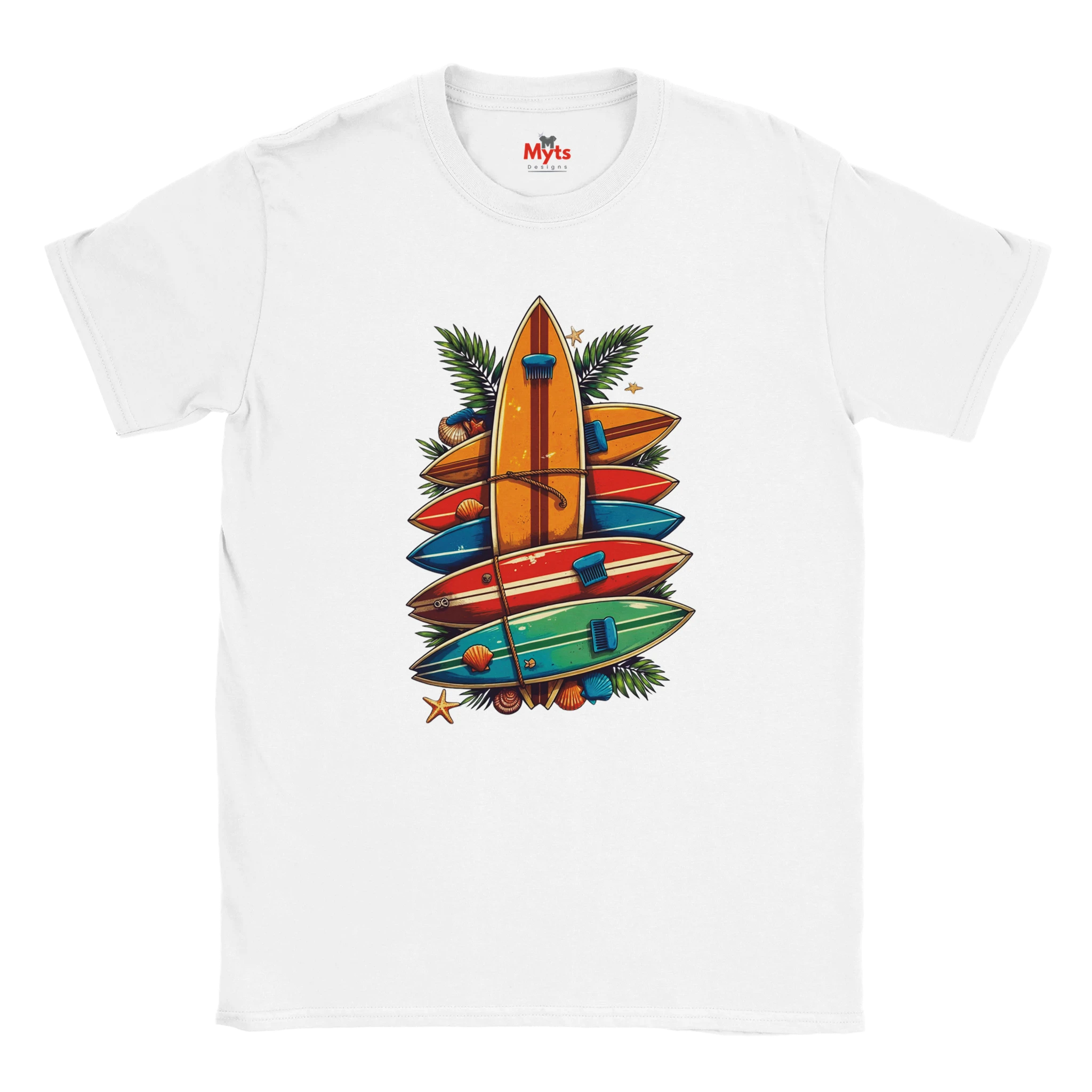 White t-shirt with colorful surfboard design and 'Myts' branding on a white background
