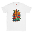 White t-shirt with colorful surfboard design and 'Myts' branding on a white background