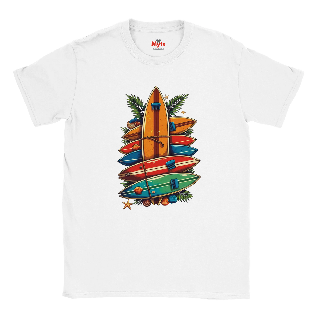 White t-shirt with colorful surfboard design and 'Myts' branding on a white background