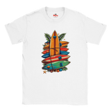 White t-shirt with colorful surfboard design and 'Myts' branding on a white background