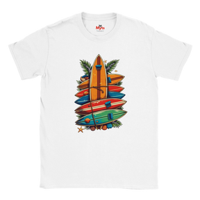 White t-shirt with colorful surfboard design and 'Myts' branding on a white background