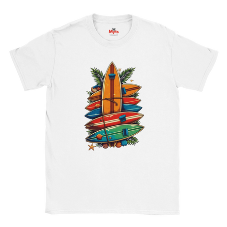White t-shirt with colorful surfboard design and 'Myts' branding on a white background