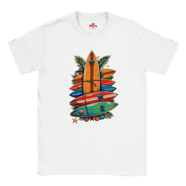 White t-shirt with colorful surfboard design and 'Myts' branding on a white background