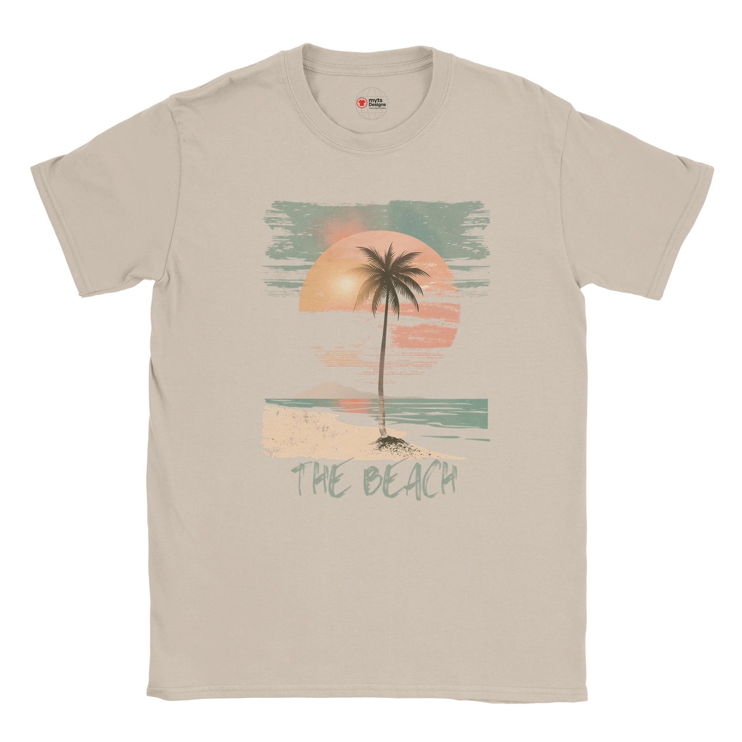 Front view of vintage beach T-shirt featuring palm trees and retro sunset graphic on sand cotton tee