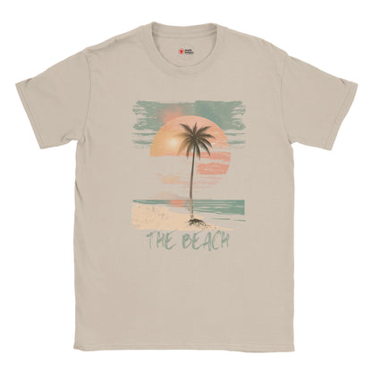 Front view of vintage beach T-shirt featuring palm trees and retro sunset graphic on sand cotton tee