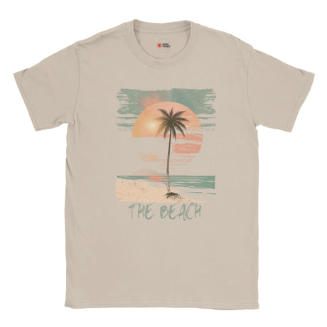 Front view of vintage beach T-shirt featuring palm trees and retro sunset graphic on sand cotton tee