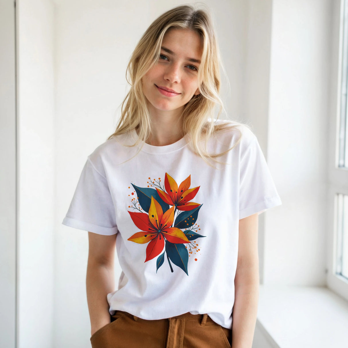 Woman wearing a white lily-flower T-shirt featuring vibrant orange, red, and golden-yellow flowers with deep blue-green leaves and botanical details.