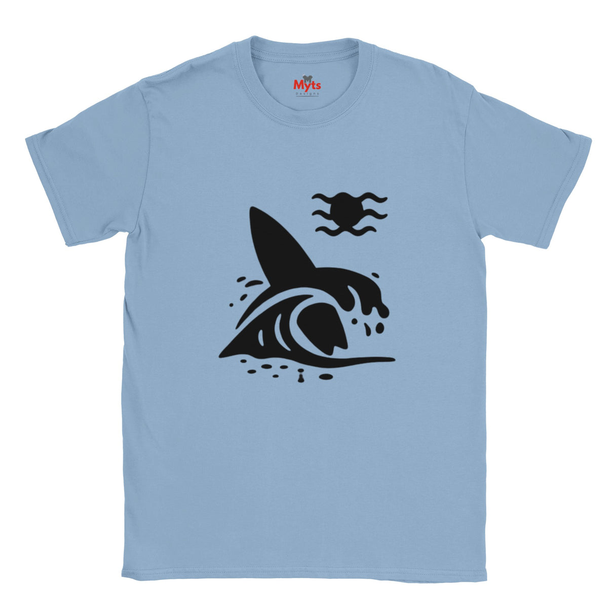 Light blue t-shirt with a black graphic design on a white background
