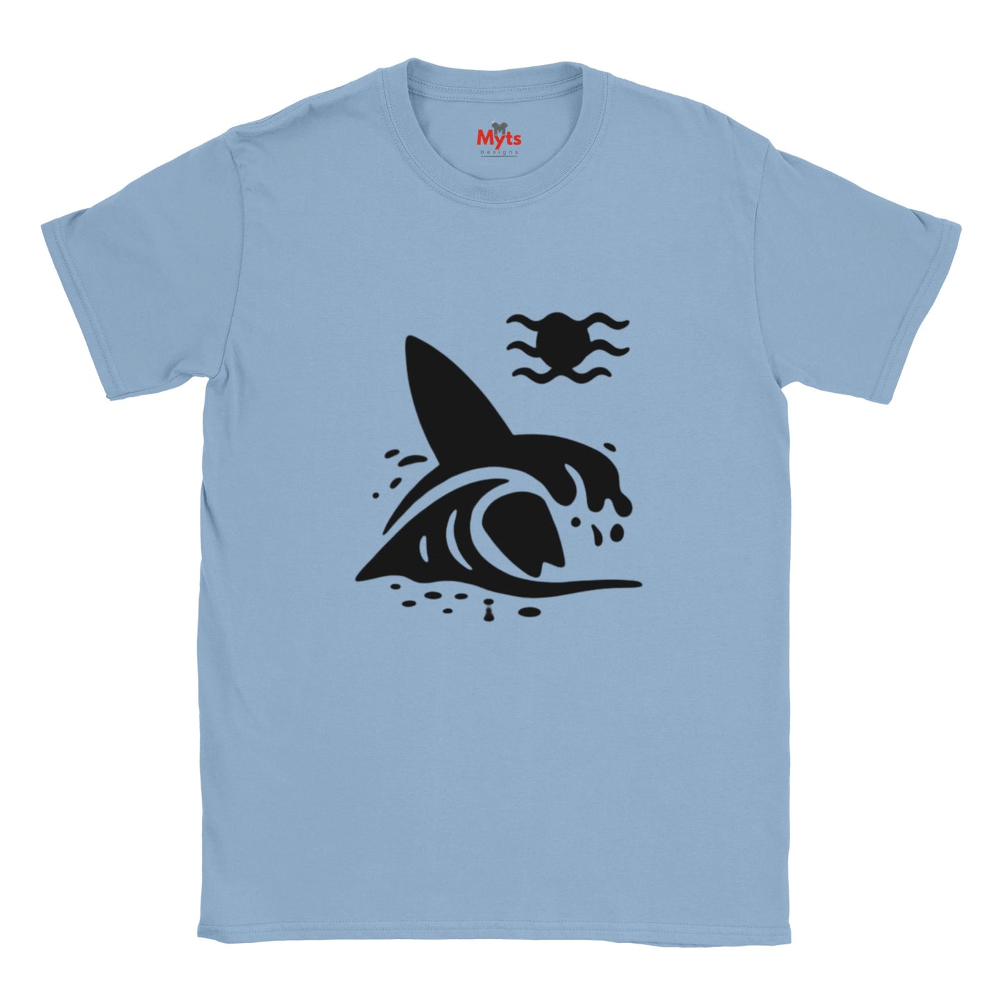 Light blue t-shirt with a black graphic design on a white background