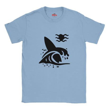Light blue t-shirt with a black graphic design on a white background