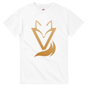 White T-shirt with a gold Fox & Tail V Logo minimalist design 