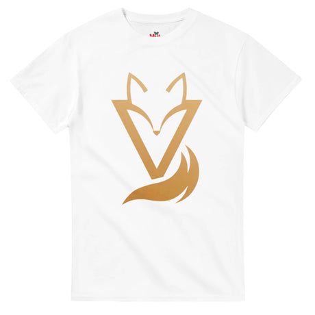 White T-shirt with a gold Fox & Tail V Logo minimalist design 