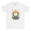 A white short-sleeve crewneck t-shirt featuring a colorful graphic print of a seashell, starfish, and seagrass on the front, with the 'Myts' brand logo visible inside the collar.
