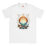 A white short-sleeve crewneck t-shirt featuring a colorful graphic print of a seashell, starfish, and seagrass on the front, with the 'Myts' brand logo visible inside the collar.
