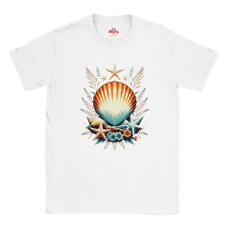 A white short-sleeve crewneck t-shirt featuring a colorful graphic print of a seashell, starfish, and seagrass on the front, with the 'Myts' brand logo visible inside the collar.