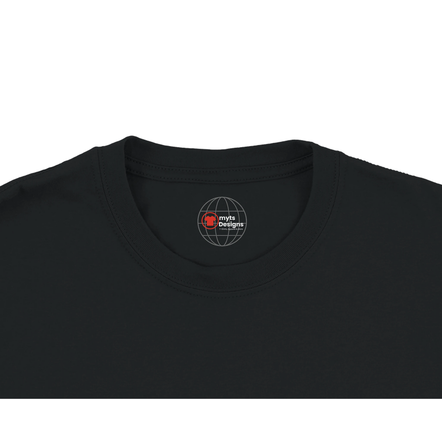 Black t-shirt with a logo on the collar against a white background