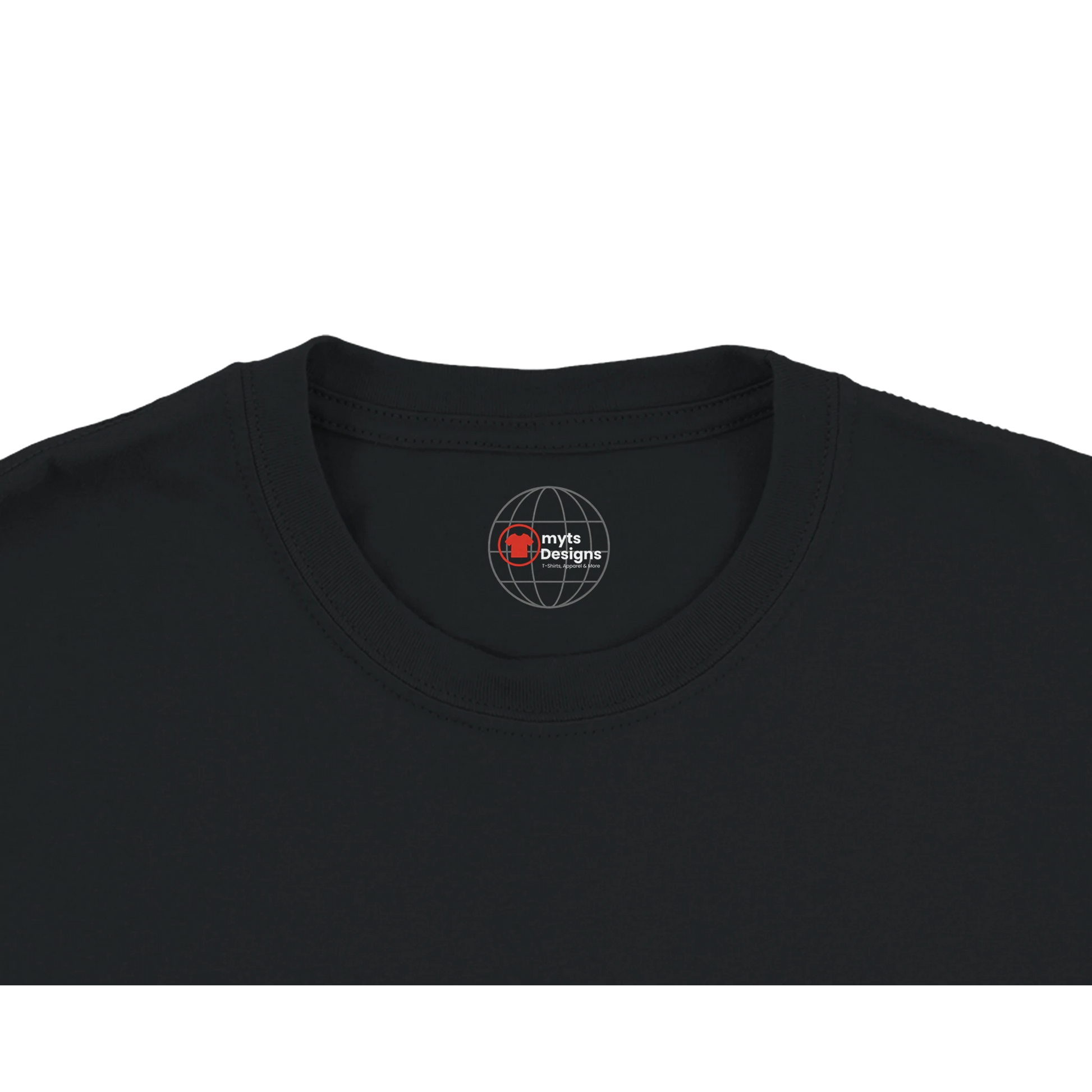 Black t-shirt with a logo on the collar against a white background