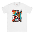 A white unisex crewneck t-shirt with a vibrant abstract geometric art graphic in the center.