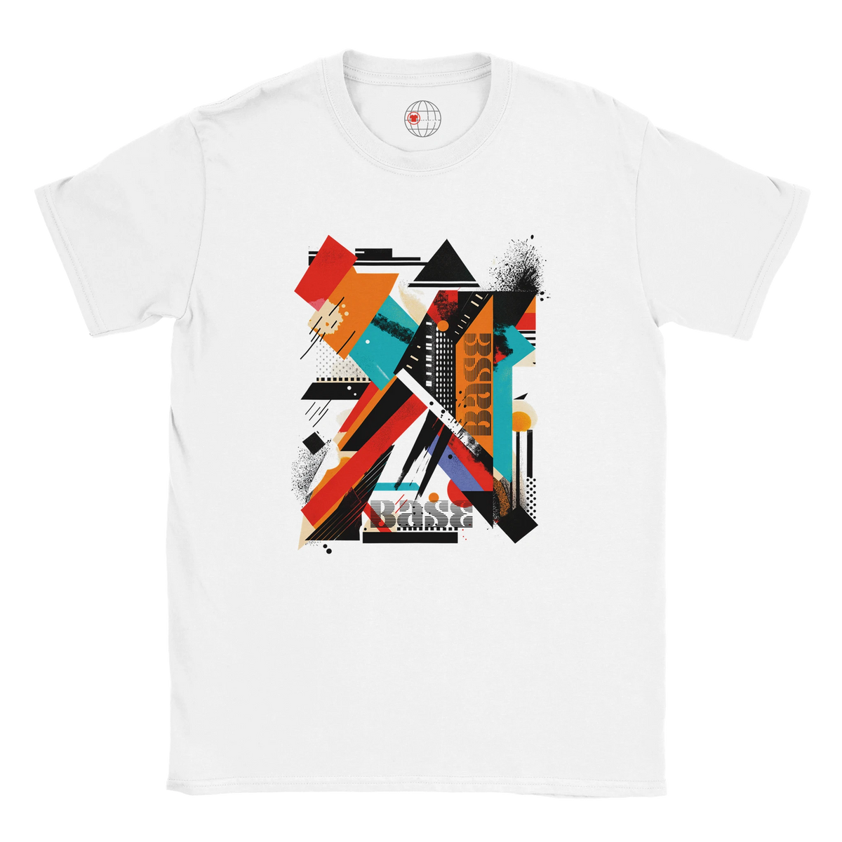 A white unisex crewneck t-shirt with a vibrant abstract geometric art graphic in the center.