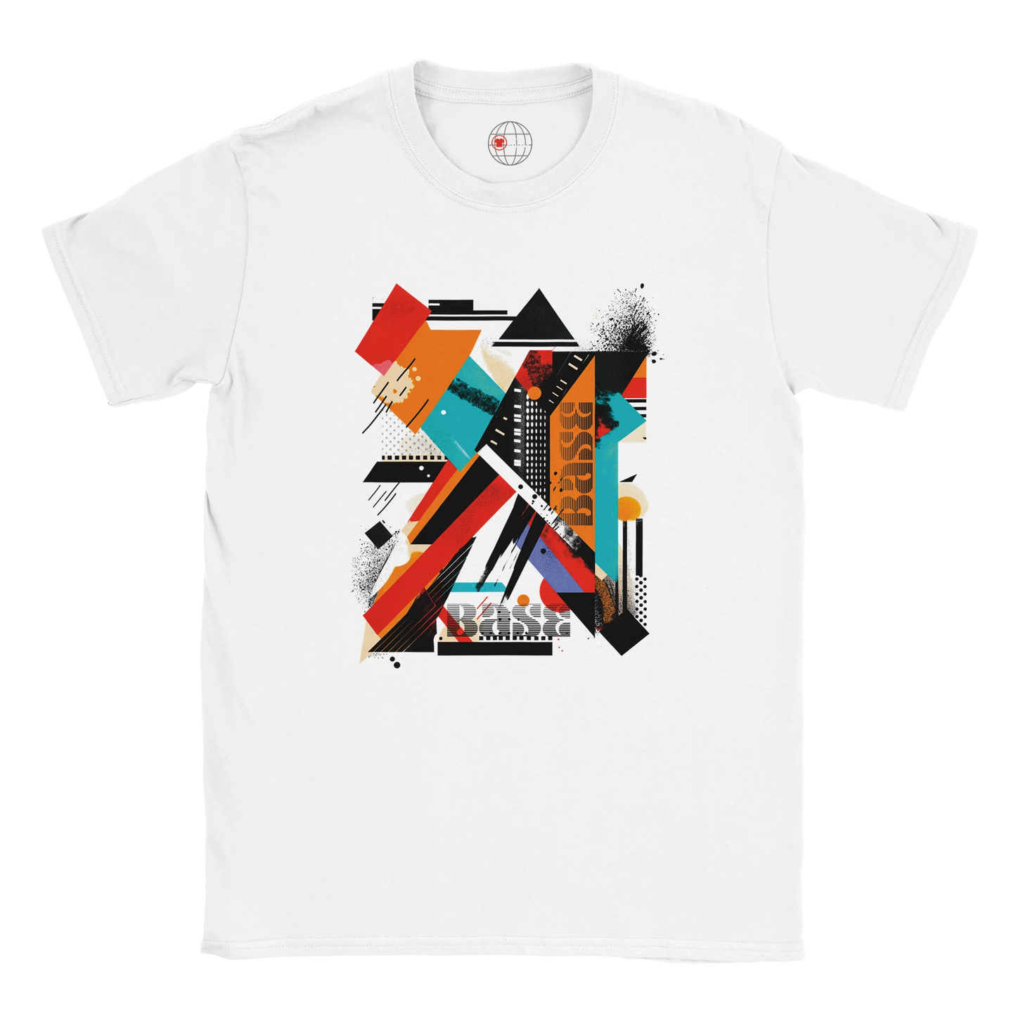 A white unisex crewneck t-shirt with a vibrant abstract geometric art graphic in the center.