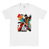 A white unisex crewneck t-shirt with a vibrant abstract geometric art graphic in the center.