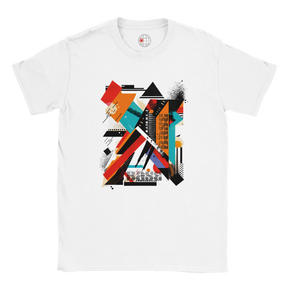 A white unisex crewneck t-shirt with a vibrant abstract geometric art graphic in the center.