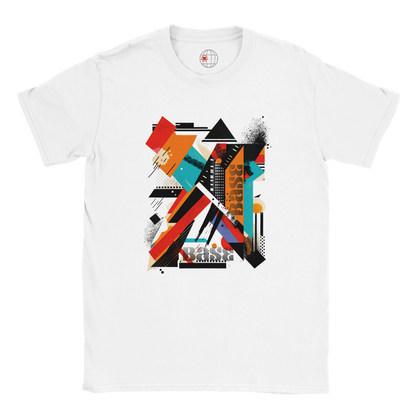 A white unisex crewneck t-shirt with a vibrant abstract geometric art graphic in the center.