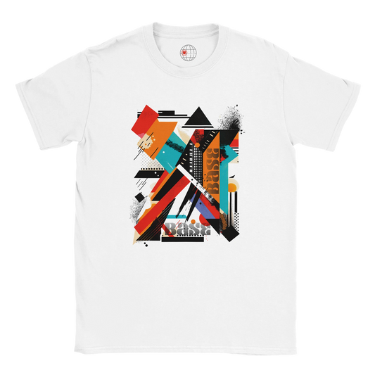 A white unisex crewneck t-shirt with a vibrant abstract geometric art graphic in the center.
