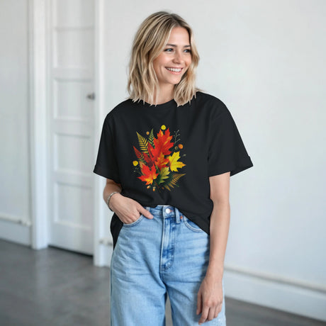 Woman wearing a black t-shirt with a jack-o'-lantern design, standing indoors.