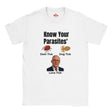 White Know Your Parasites T-shirt displayed flat on white background