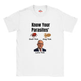 White Know Your Parasites T-shirt displayed flat on white background