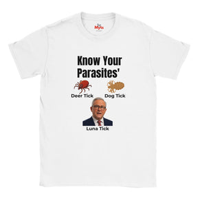 White Know Your Parasites T-shirt displayed flat on white background