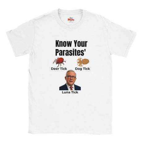 White Know Your Parasites T-shirt displayed flat on white background