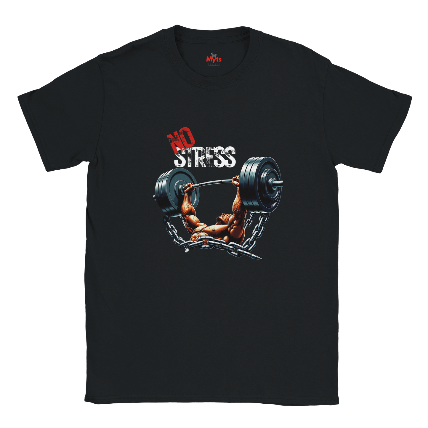 Black t-shirt with a graphic of a bodybuilder lifting weights and 'No Stress' text on a white background