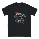 Black t-shirt with a graphic of a bodybuilder lifting weights and 'No Stress' text on a white background