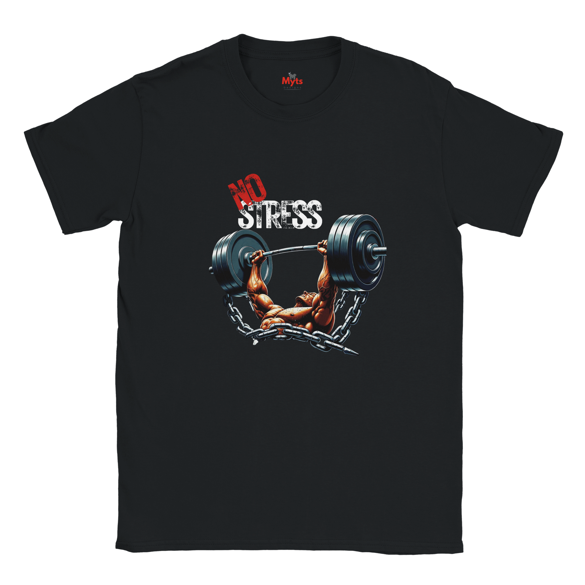 Black t-shirt with a graphic of a bodybuilder lifting weights and 'No Stress' text on a white background