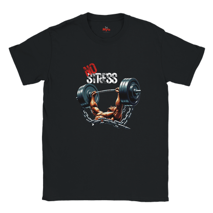 Black t-shirt with a graphic of a bodybuilder lifting weights and 'No Stress' text on a white background