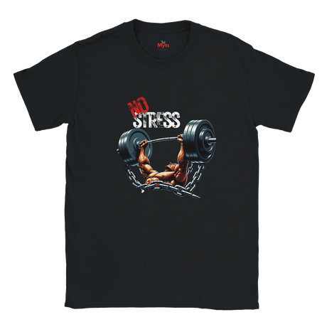 Black t-shirt with a graphic of a bodybuilder lifting weights and 'No Stress' text on a white background