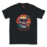Black t-shirt with a colorful skull design and 'Sunset & Skulls' text on a white background