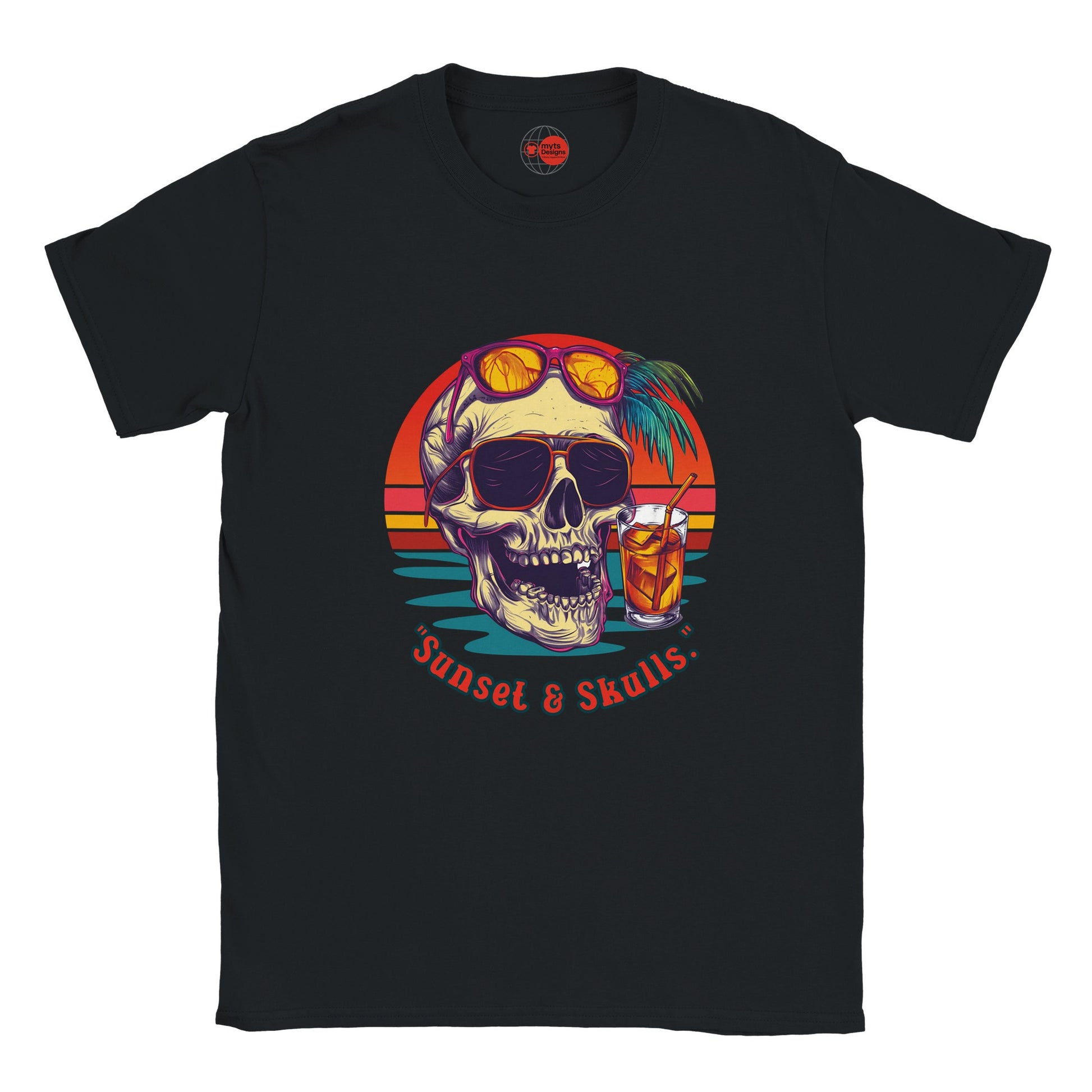Black t-shirt with a colorful skull design and 'Sunset & Skulls' text on a white background