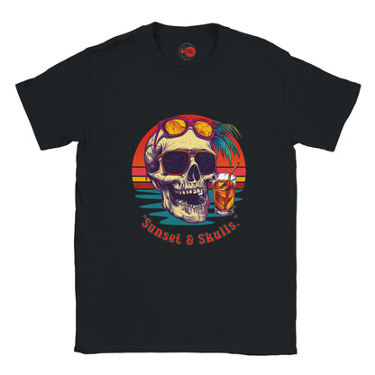 Black t-shirt with a colorful skull design and 'Sunset & Skulls' text on a white background