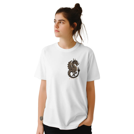 A woman wearing a white short-sleeve crewneck t-shirt with a black dragon graphic on the chest, set against a plain white background.