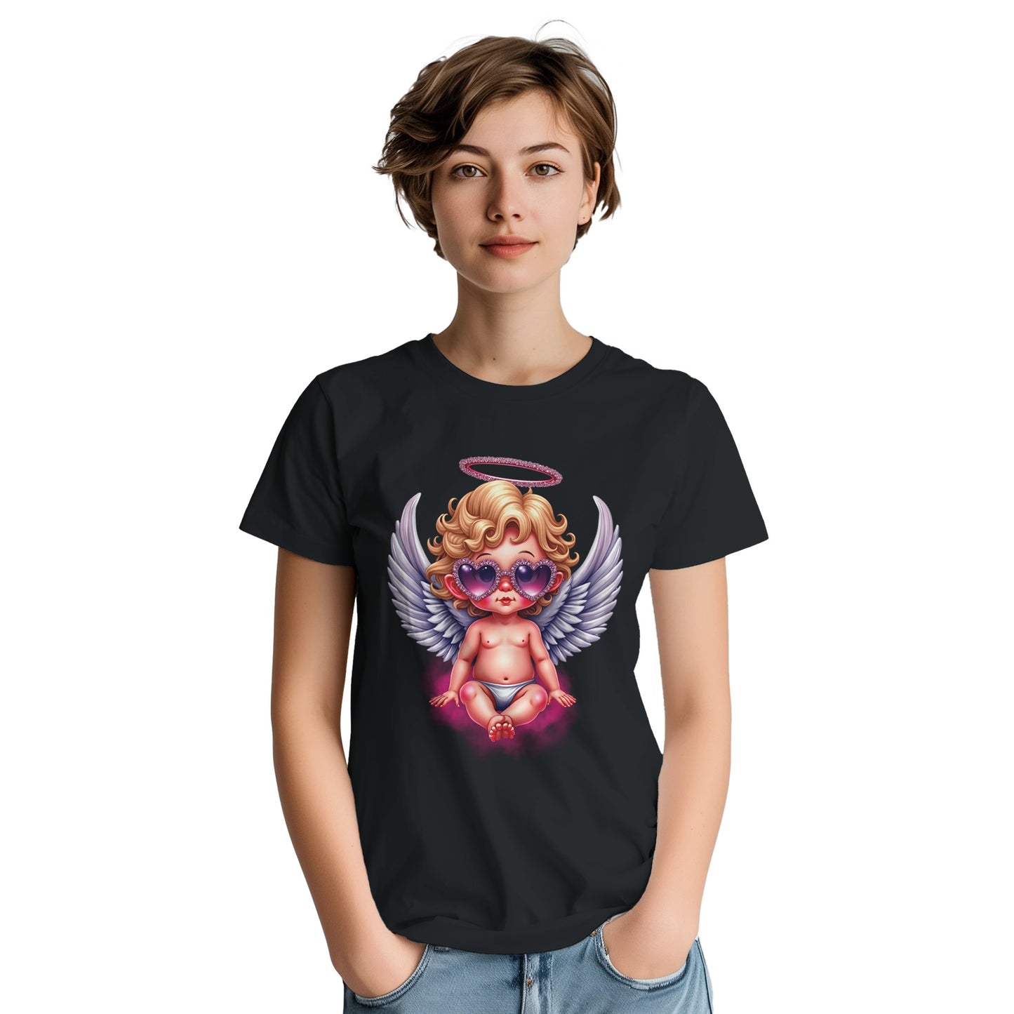 Person wearing a black t-shirt with a colorful angel graphic design.