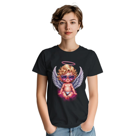 Person wearing a black t-shirt with a colorful angel graphic design.
