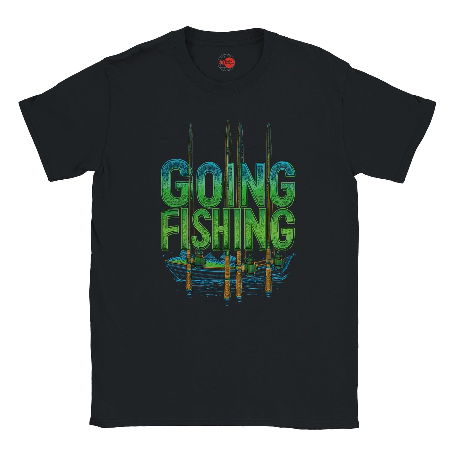 Black t-shirt with 'Going Fishing' graphic design on a white background