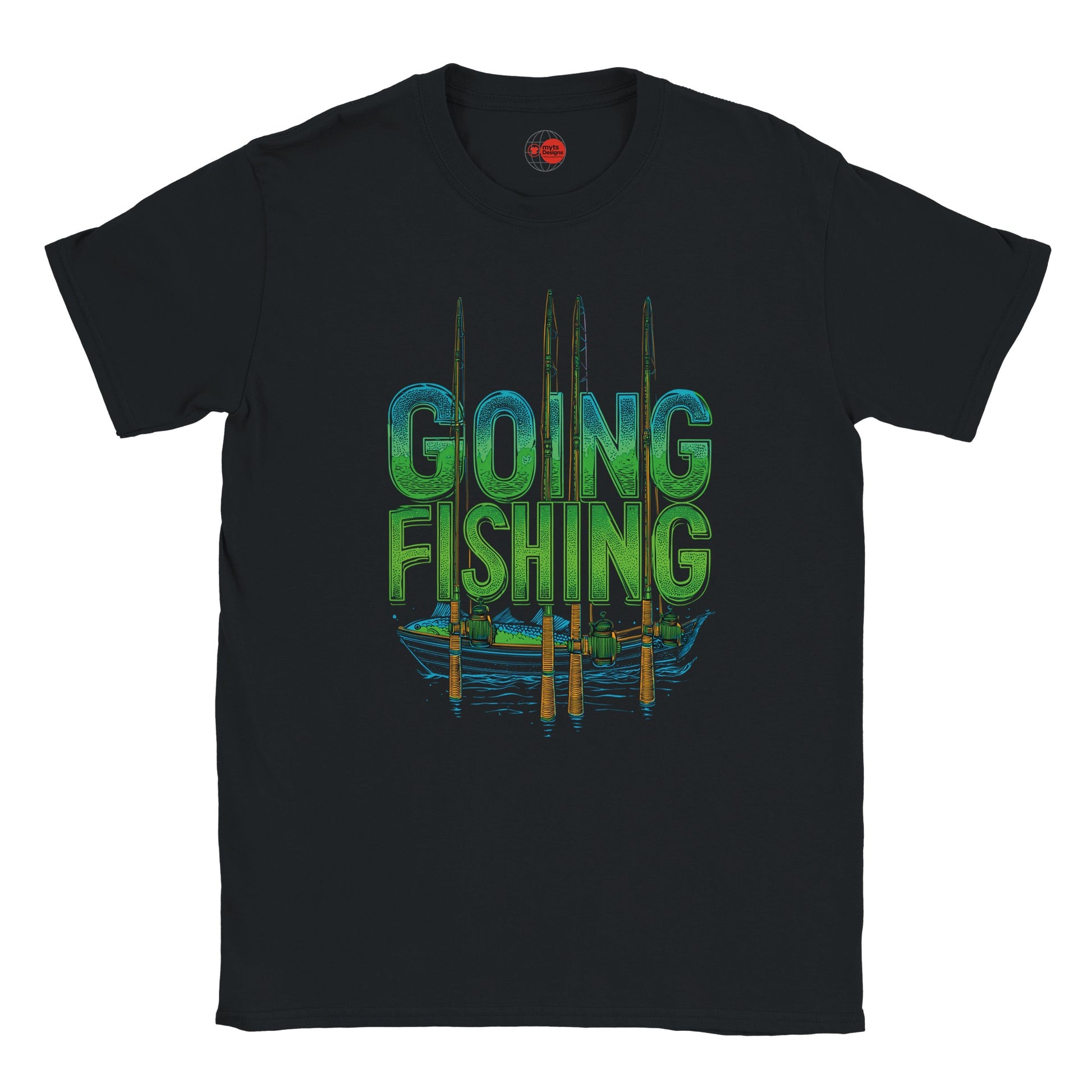 Black t-shirt with 'Going Fishing' graphic design on a white background