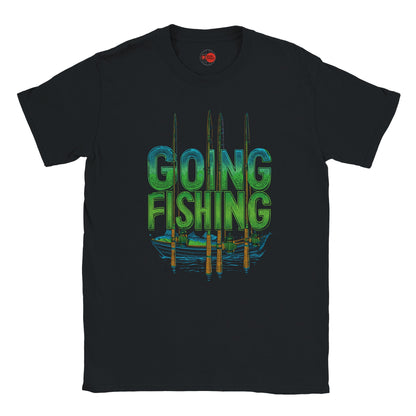 Black t-shirt with 'Going Fishing' graphic design on a white background